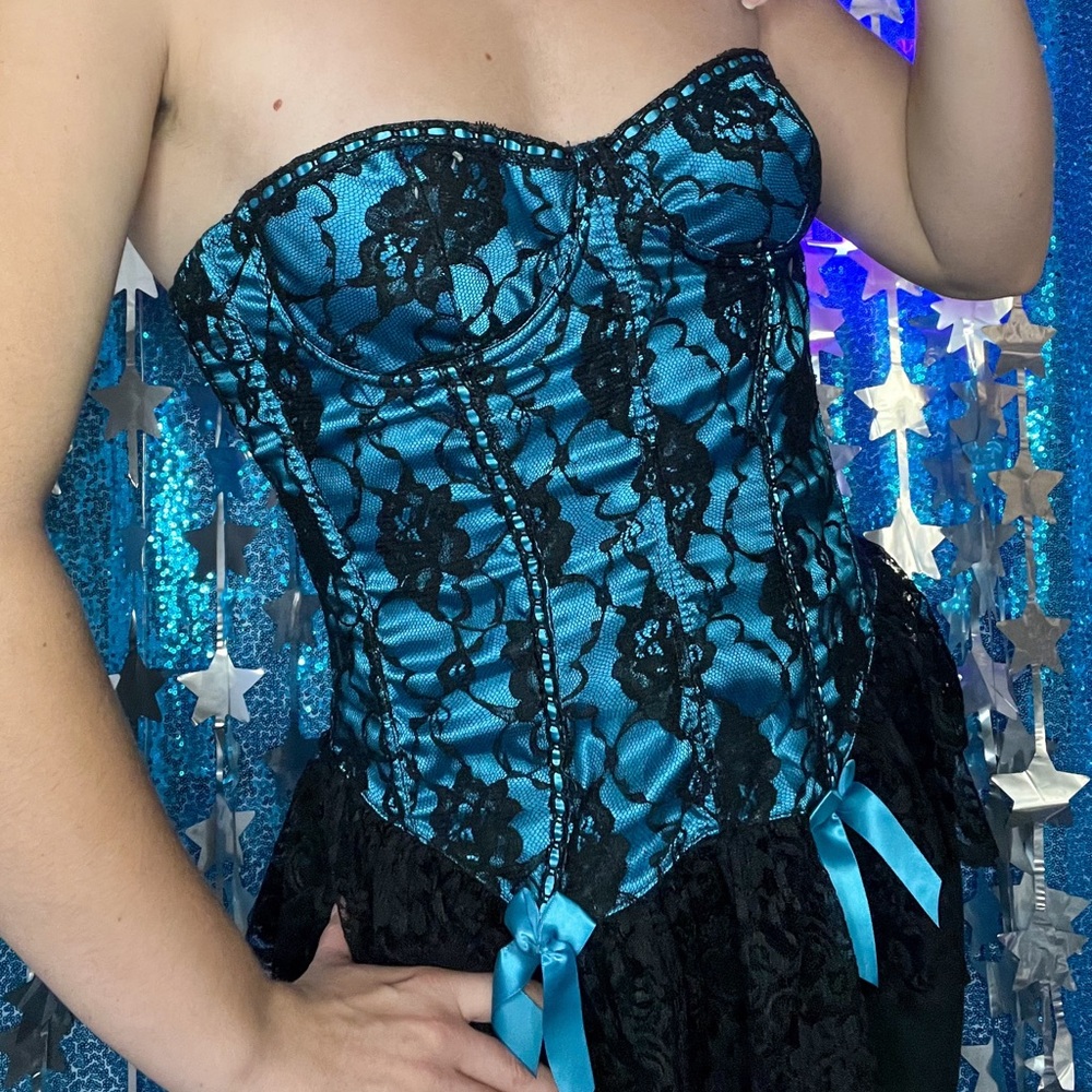 vintage teal blue lace y2k strapless frederick’s of hollywood corset